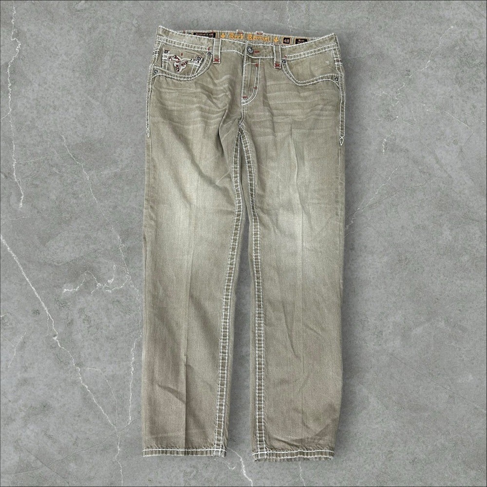 Rock Revival Jeans Mens 40x34 Tan Y2K Embroidered River Straight Hip Hop 2000s